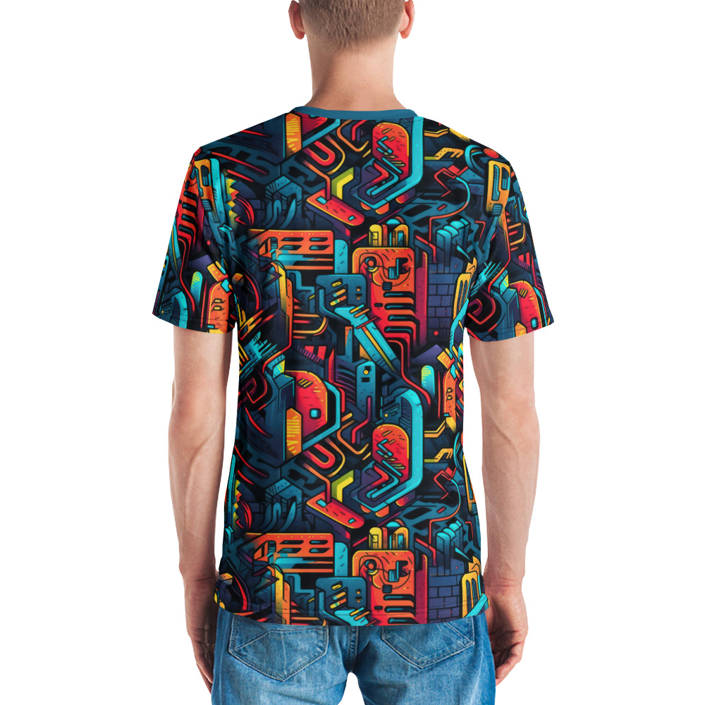 Futuristic oversized tee: vibrant teal, orange, yellow, and red geometric robotics. Bold full-print industrial style.