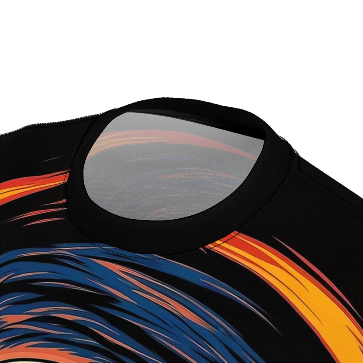 This cyber grunge sublimation tee features a striking all-over print of abstract, energetic streaks in vibrant blue, orange, and yellow against a black background.