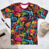 Stand out in this vibrant 3D graffiti tee. Features neon pink, orange, yellow, and blue art on a sleek black background.