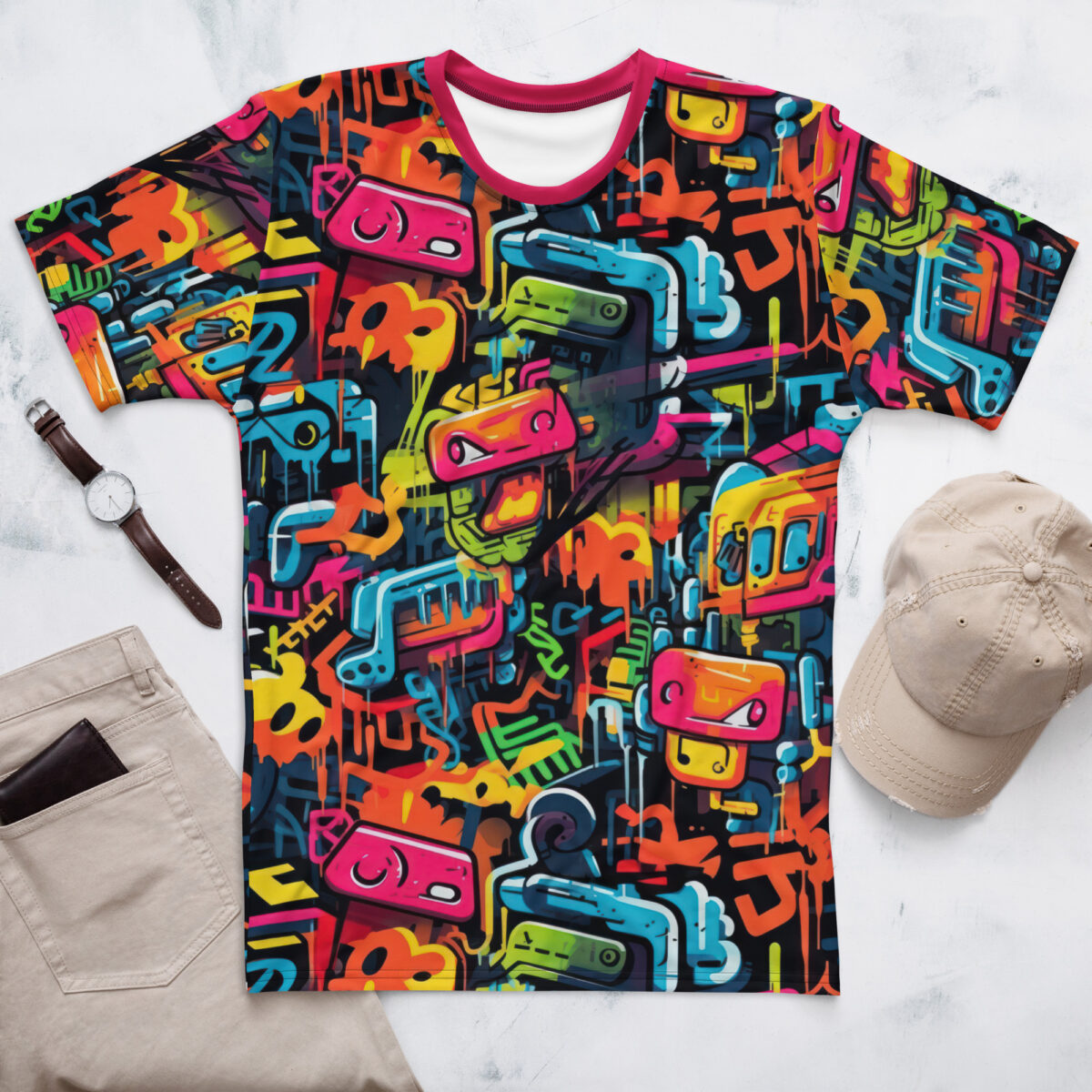 Stand out in this vibrant 3D graffiti tee. Features neon pink, orange, yellow, and blue art on a sleek black background.