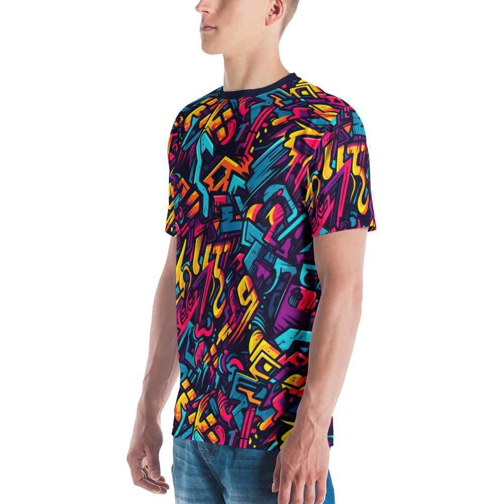 Bold pink, yellow, turquoise, purple graffiti-style shapes, lines on this 3D graphic t-shirt, creating energetic pattern