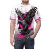 Cyber grunge t-shirt features a highly detailed black raven graphic with wings spread, set against a white and grey background with pink geometric accents. The design includes a seamless print with distressed elements.