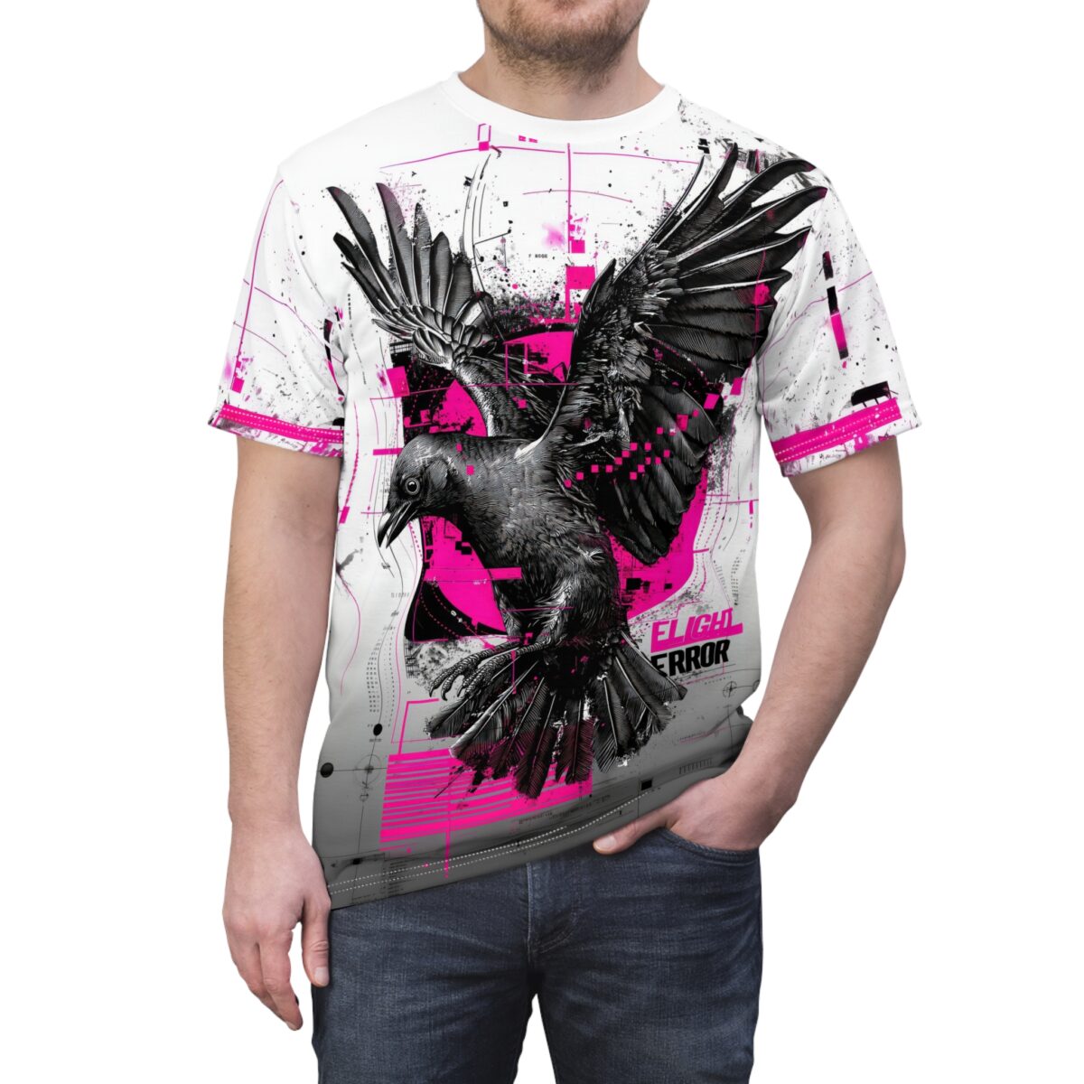Cyber grunge t-shirt features a highly detailed black raven graphic with wings spread, set against a white and grey background with pink geometric accents. The design includes a seamless print with distressed elements.