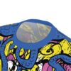 Vibrant blue, yellow, and pink graffiti style pattern covers this all over print t-shirt. The seamless print features stylized dragon scales and sharp graphic elements.