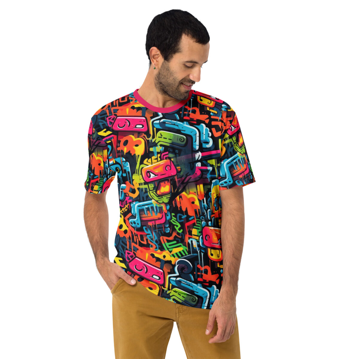 Bright reds, blues, and yellows cover this full print shirt, with cartoon-like robots and graffiti tags.