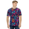 Bright pink, orange, and teal geometric shapes and abstract figures cover this all over print apparel, set against a dark navy background with subtle shading.