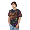 Fiery orange and purple Japanese demon mask with intricate details, surrounded by abstract patterns and Asian script on this black tee.