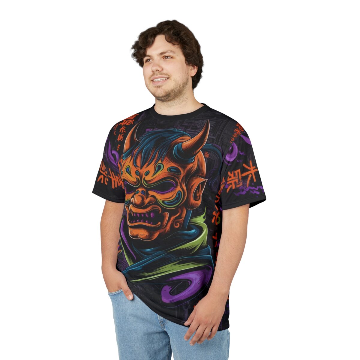 Fiery orange and purple Japanese demon mask with intricate details, surrounded by abstract patterns and Asian script on this black tee.