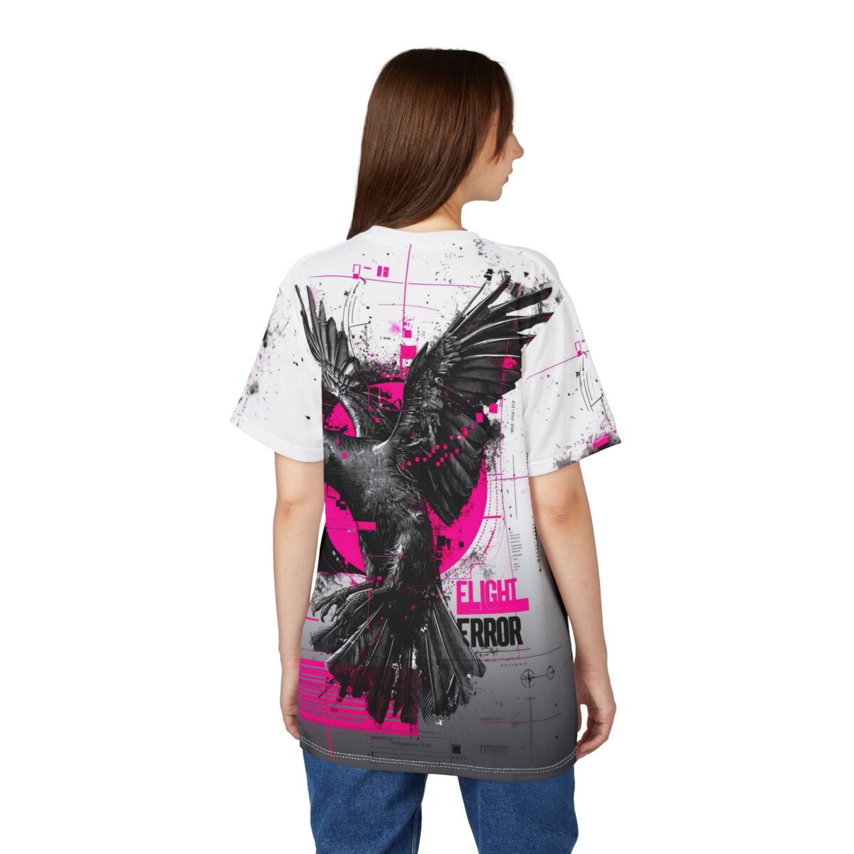 This all over print t-shirt features a cyber grunge aesthetic with a detailed black raven and pink geometric accents.