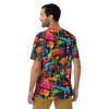 Neon graffiti tee: vibrant blues, pinks, and yellows. Features edgy spray paint textures and drips. Bold, seamless style.