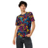 Vibrant blues, yellows, oranges, and pinks create abstract graffiti shapes and lines across this full print t-shirt.