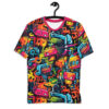 Shop this vibrant graffiti sublimation tee. Featuring bright pink, blue, yellow, and green urban art in a chaotic design