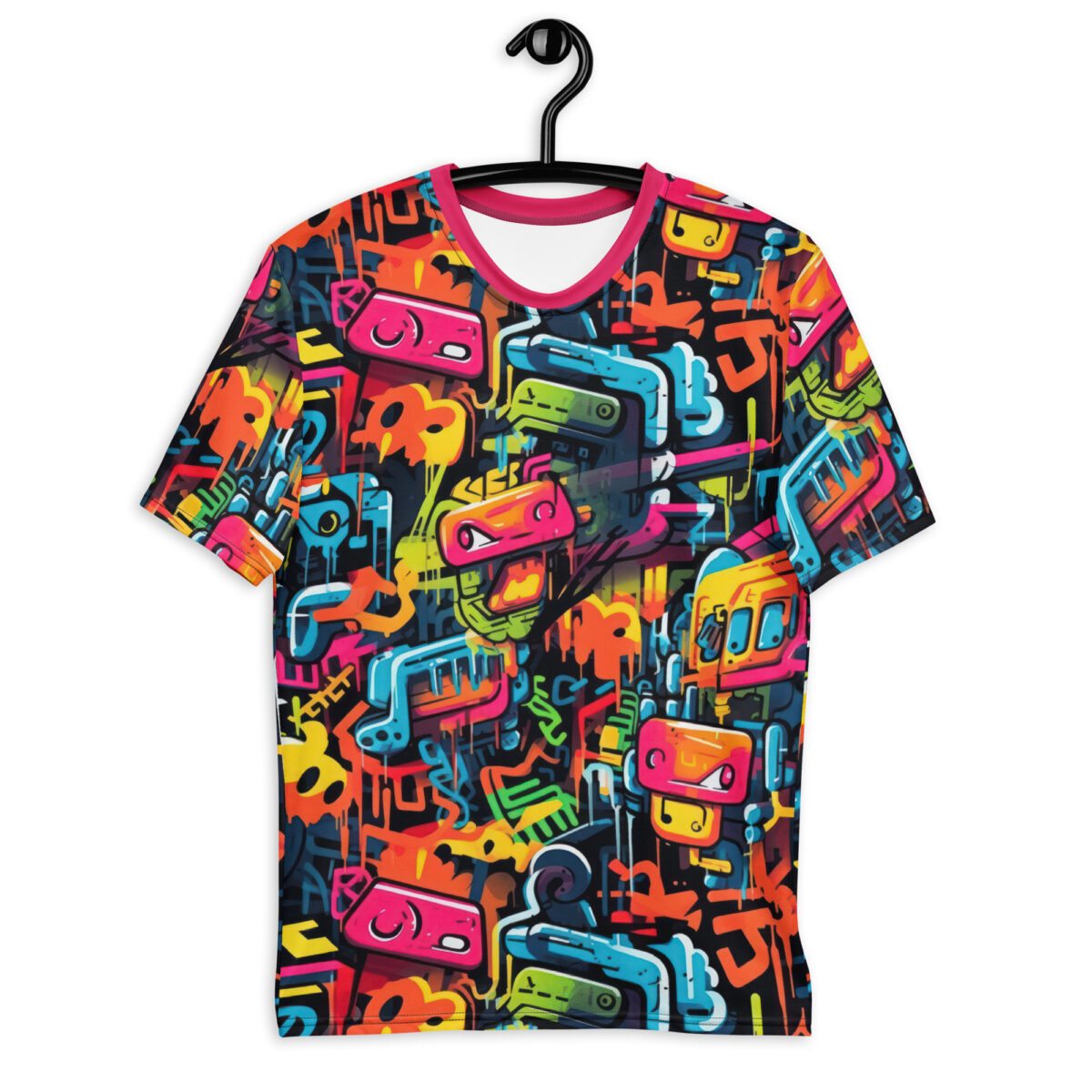 Shop this vibrant graffiti sublimation tee. Featuring bright pink, blue, yellow, and green urban art in a chaotic design