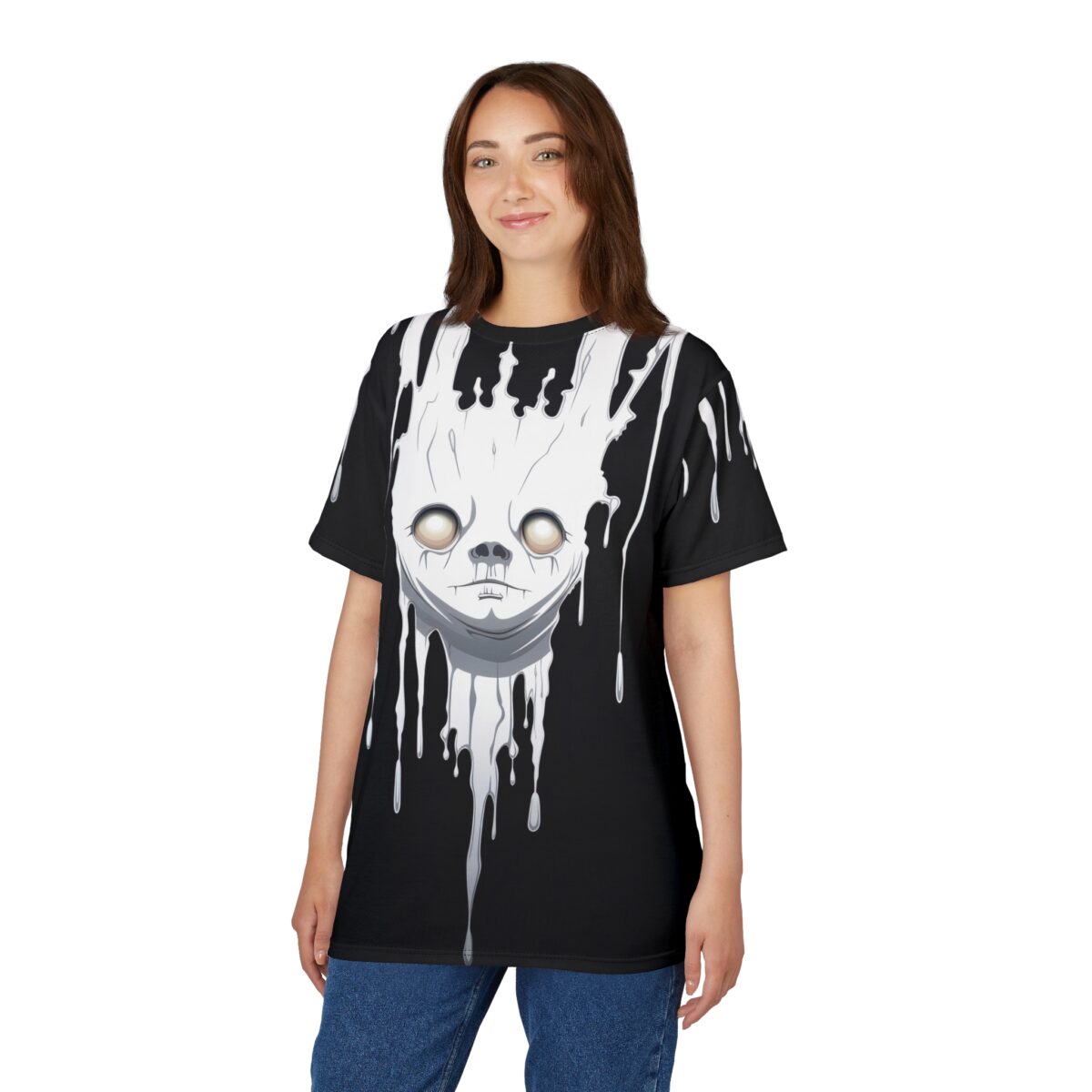 White melting drips and a creepy mask with glowing eyes cover this all over print t-shirt.