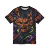 Orange, purple, and green wisps swirl around a detailed demon mask on this full print tee, with Japanese characters and circuitry patterns.