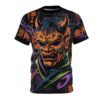 Oranges, purples, and greens cover this sublimation graphic tee, depicting a striking demon mask with horns and swirling smoke against a circuit-board pattern.