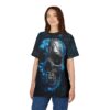 This sublimation tee features a detailed cyber grunge skull graphic with a blue, black, and grey color palette. The all over print design wraps seamlessly around the garment.