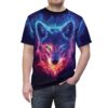 Fiery blues and reds cover this sublimation graphic tee, depicting a wolf's face wreathed in cosmic flames and smoke.