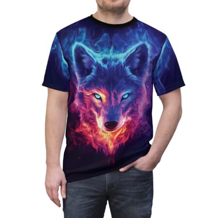 Fiery blues and reds cover this sublimation graphic tee, depicting a wolf's face wreathed in cosmic flames and smoke.