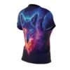 Seamless all over print t-shirt, cyber grunge wolf graphic, glowing blue eyes, vibrant neon blue, purple, red, orange smoky tendrils, dark background, sublimation tee.