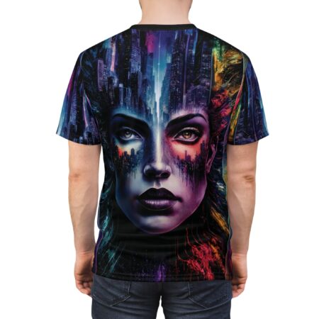 Vibrant blues, purples, reds, and yellows depict a futuristic cityscape merging with a woman's face, creating a surreal portrait.