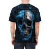 This black crewneck t-shirt features a striking split skull graphic with one half rendered in vibrant blue digital circuitry and the other in metallic gray.