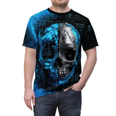 Electric blue and metallic grey textures cover this all over print apparel, featuring a split skull design with intricate digital circuitry.