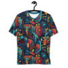 Industrial cityscape sublimation tee: bold red, blue, and yellow pipes and geometric art. Vibrant, full-print style.