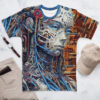Cyberpunk cyborg design, intricate details, blue eyes, mechanical elements, blue tubes, metal textures, red accents, all over print.