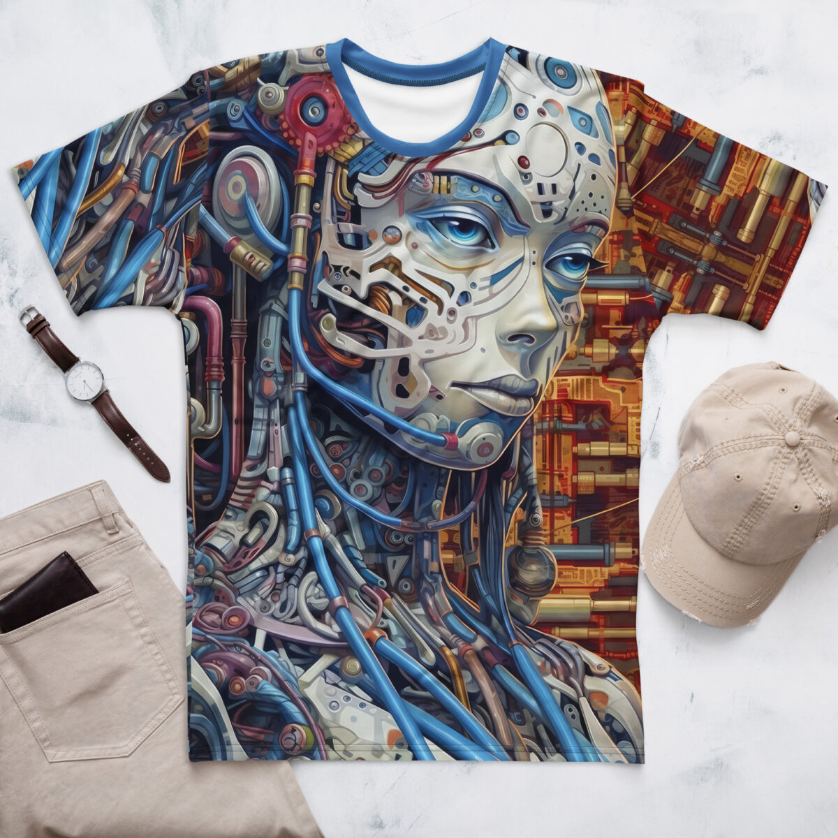 Cyberpunk cyborg design, intricate details, blue eyes, mechanical elements, blue tubes, metal textures, red accents, all over print.