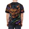 Orange, purple, green, and blue patterns cover this graphic streetwear tee, featuring a mystical demon mask with horns and glowing eyes.