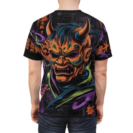 Orange, purple, green, and blue patterns cover this graphic streetwear tee, featuring a mystical demon mask with horns and glowing eyes.