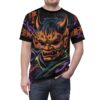 Vibrant orange and purple Japanese characters, and swirling green, purple, and orange smoke, cover this graphic streetwear tee, depicting a detailed demon mask with horns and a dark, circuit-like background.