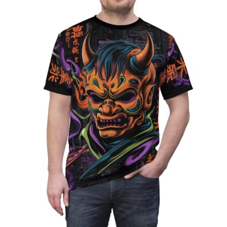 Vibrant orange and purple Japanese characters, and swirling green, purple, and orange smoke, cover this graphic streetwear tee, depicting a detailed demon mask with horns and a dark, circuit-like background.