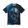 Cyber grunge all over print tee featuring a split cyberpunk skull graphic with intricate blue digital patterns.