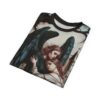 Dark blue feathered wings and gothic architecture cover this oversized full print tee, depicting two figures in a tender, melancholic scene.