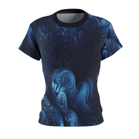 Dark blue abstract swirl all over print sublimation tee with seamless wrap around graphic design, showcasing trippy festival aesthetic.
