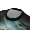 Teal and dark grey tones cover this sublimation graphic tee, depicting spooky bare branches and a skeleton hand holding a burger.