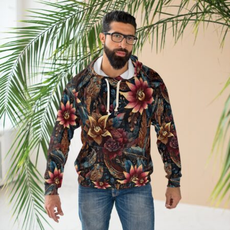 Dark floral all over print hoodie featuring rich bohemian-inspired patterns with large red and gold flowers and intricate feather designs.