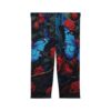 Women's leggings with a dark floral print featuring vibrant blue butterflies and red roses on a black background.