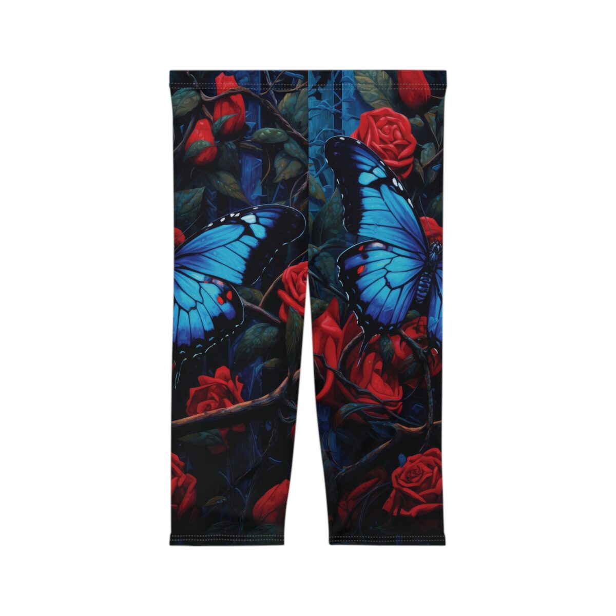 Women's leggings with a dark floral print featuring vibrant blue butterflies and red roses on a black background.