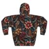 All over print hoodie with a dark floral and feather seamless print design featuring red, gold, and blue hues.