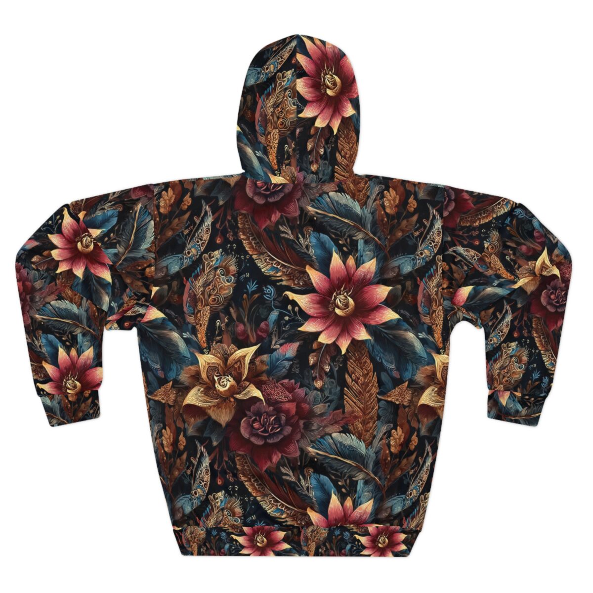 All over print hoodie with a dark floral and feather seamless print design featuring red, gold, and blue hues.