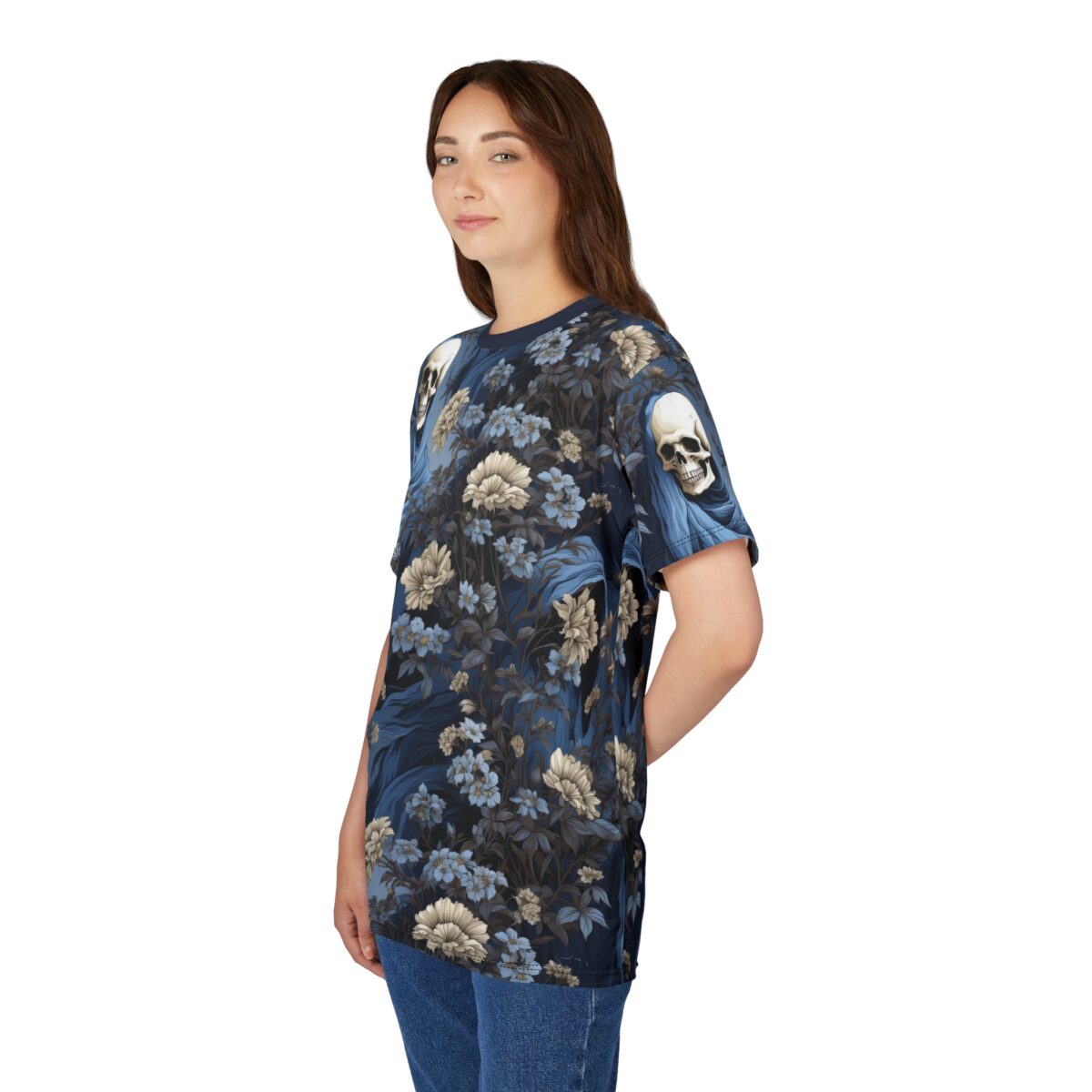 Dark blue, grey, and cream floral patterns with skulls and flowing drapery cover this sublimation graphic tee.
