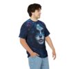Deep blues and purple roses cover this 3D graphic t-shirt, featuring a sugar skull face with intricate details.