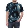 Ethereal white ghosts with black eyeholes drift through a dark, abstract forest of swirling blue and black branches and leaves.