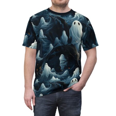 Ethereal white ghosts with black eyeholes drift through a dark, abstract forest of swirling blue and black branches and leaves.