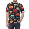 A man wearing a dark t-shirt with a repeating pattern of stylized, colorful heart-shaped flowers and leaves.