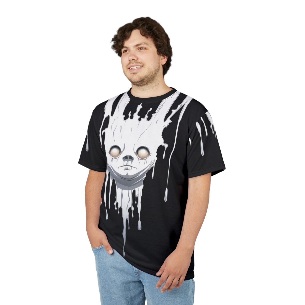 White dripping accents and a creepy mask with glowing eyes cover this oversized full print tee.