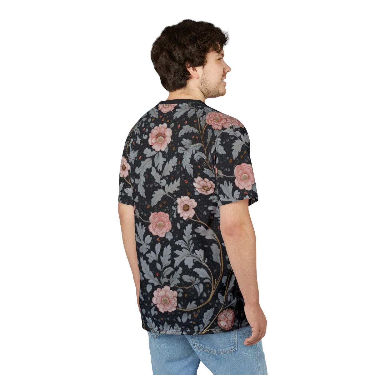 Dark sublimation tee, seamless print, floral pattern, light pink flowers, grey leaves, black background.